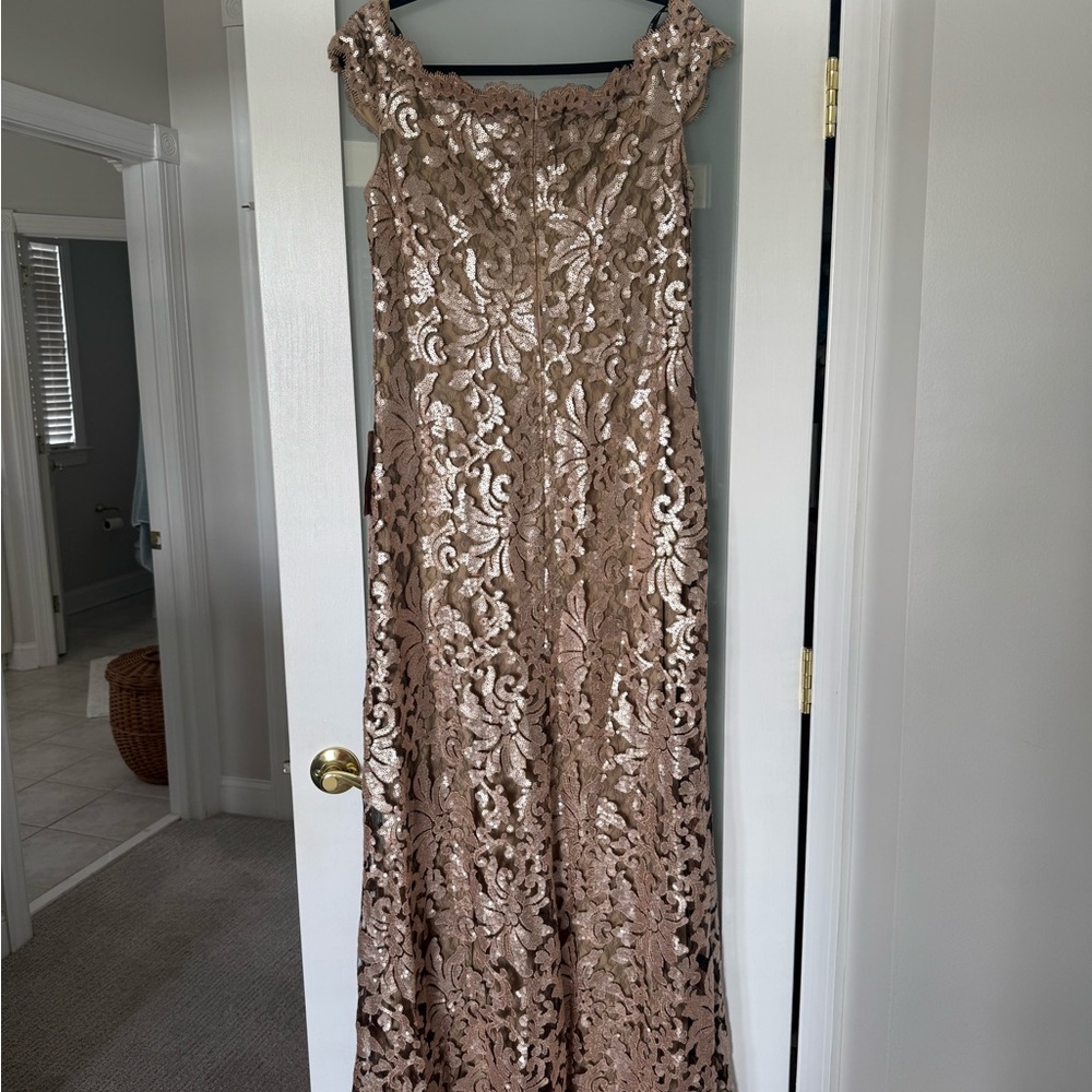 Tadashi Shoji Gold Sequin Off-the-Shoulder Gown - Picture 6 of 7